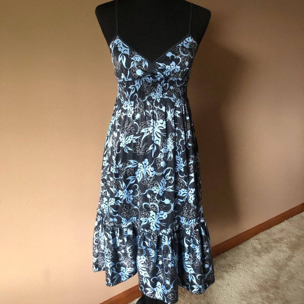 Bebe Navy Floral Silk Sleeveless Midi Empire Waist Dress